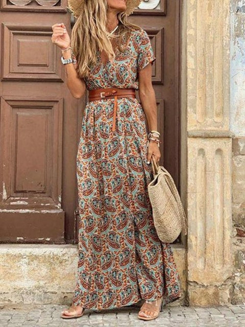 Boho Long Dress For Women Fashion V Neck Short Sleeve Paisley Print