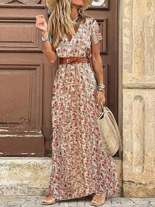 Boho Long Dress For Women Fashion V Neck Short Sleeve Paisley Print
