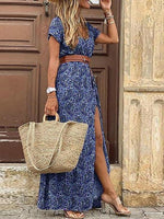 Boho Long Dress For Women Fashion V Neck Short Sleeve Paisley Print