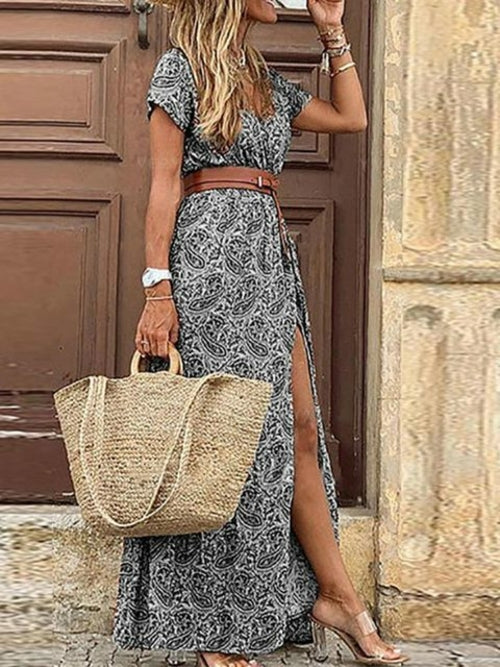 Boho Long Dress For Women Fashion V Neck Short Sleeve Paisley Print
