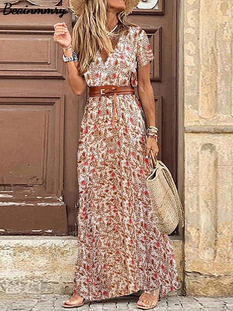 Boho Long Dress For Women Fashion V Neck Short Sleeve Paisley Print