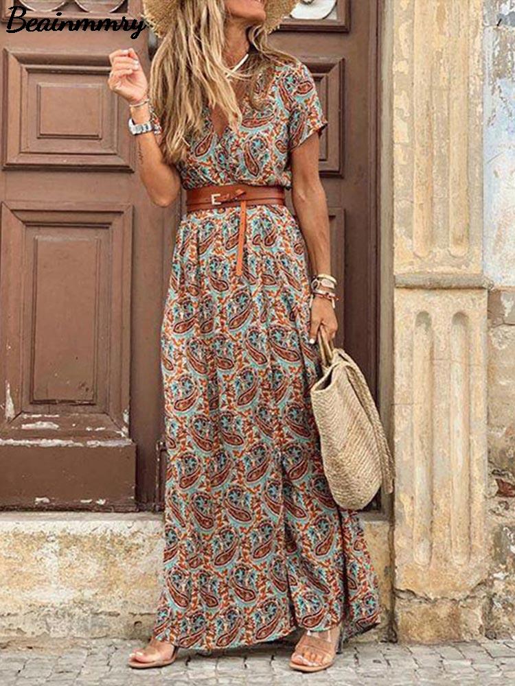 Boho Long Dress For Women Fashion V Neck Short Sleeve Paisley Print