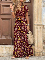 Boho Long Dress For Women Fashion V Neck Short Sleeve Paisley Print