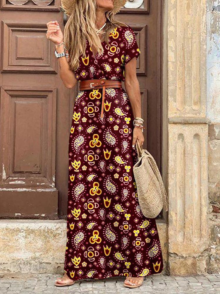 Boho Long Dress For Women Fashion V Neck Short Sleeve Paisley Print