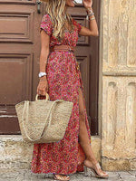Boho Long Dress For Women Fashion V Neck Short Sleeve Paisley Print