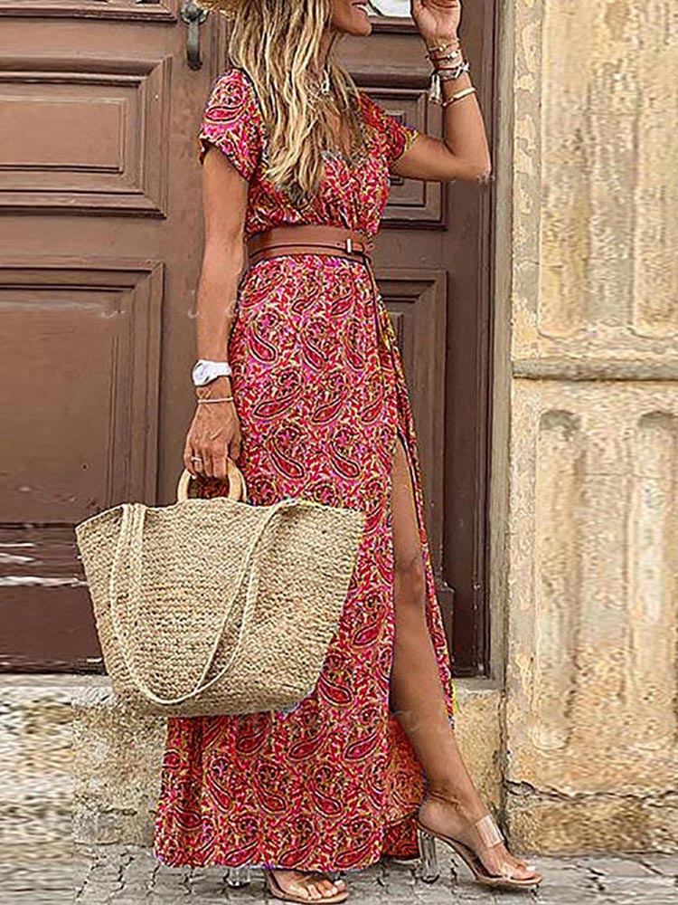 Boho Long Dress For Women Fashion V Neck Short Sleeve Paisley Print