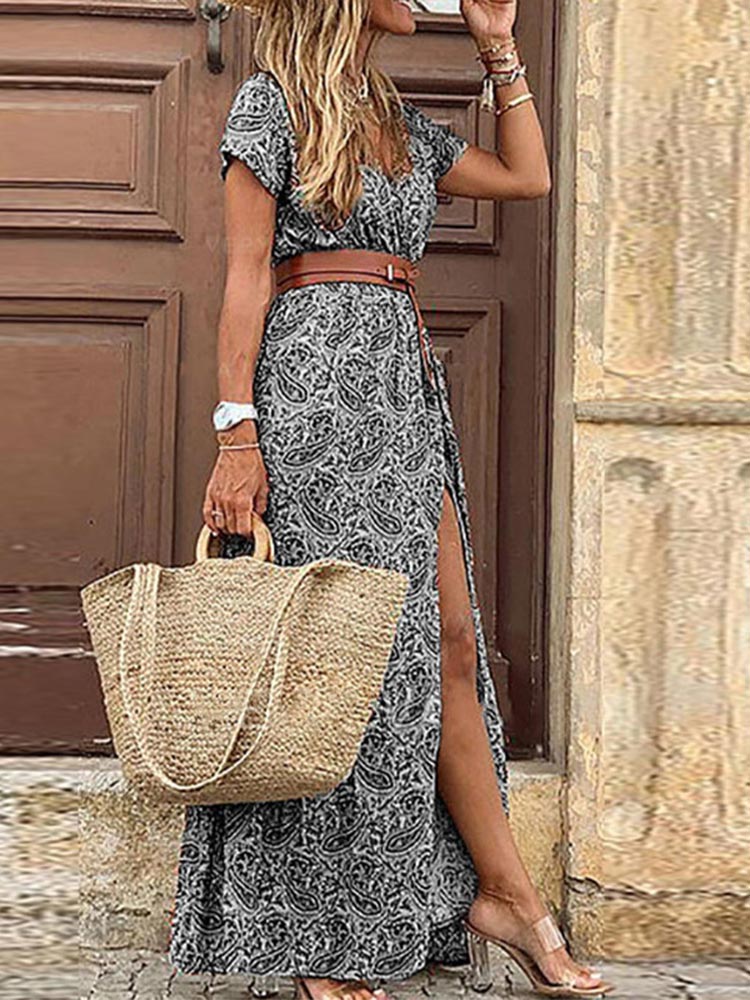 Boho Long Dress For Women Fashion V Neck Short Sleeve Paisley Print