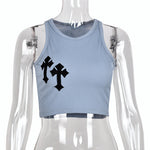BoozRey Y2K Cross Print Crop Top Women Fashion Sleeveless O Neck Basic
