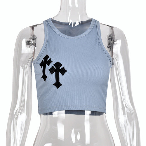 BoozRey Y2K Cross Print Crop Top Women Fashion Sleeveless O Neck Basic