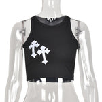 BoozRey Y2K Cross Print Crop Top Women Fashion Sleeveless O Neck Basic