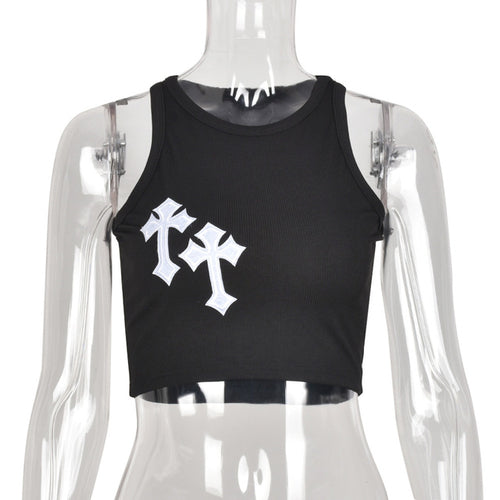 BoozRey Y2K Cross Print Crop Top Women Fashion Sleeveless O Neck Basic