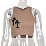 BoozRey Y2K Cross Print Crop Top Women Fashion Sleeveless O Neck Basic