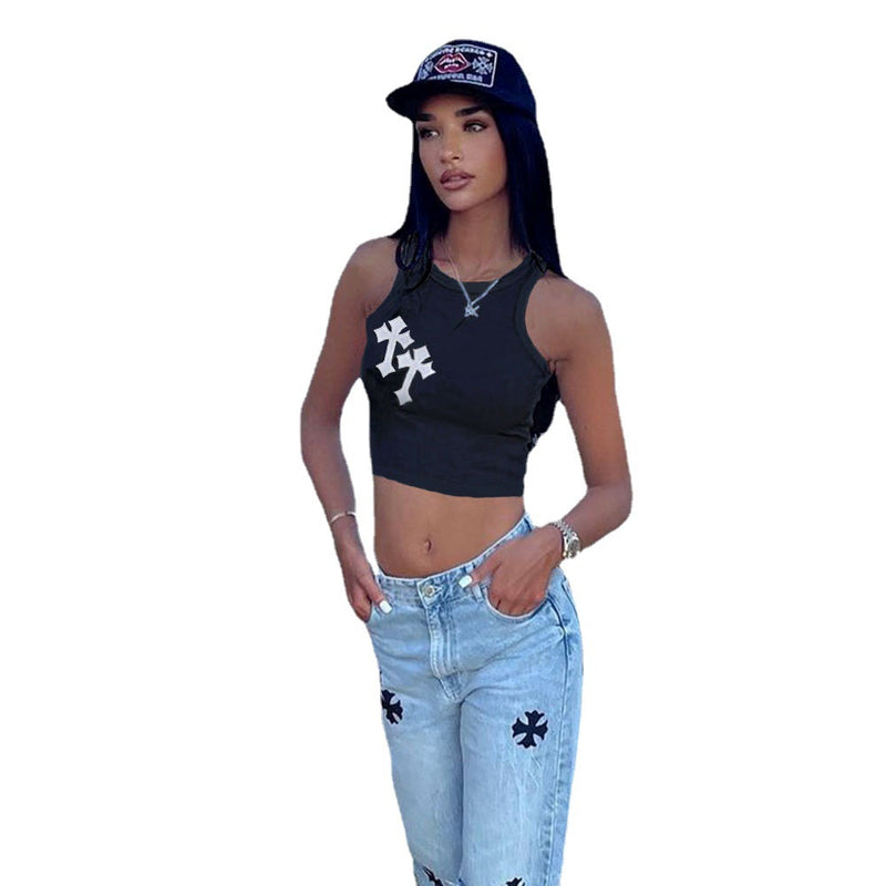 BoozRey Y2K Cross Print Crop Top Women Fashion Sleeveless O Neck Basic