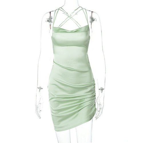 Dulzura Satin Women Strap Mini Dress Ruched Lace Up Cross Bandage
