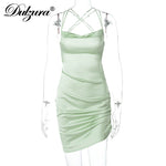 Dulzura Satin Women Strap Mini Dress Ruched Lace Up Cross Bandage