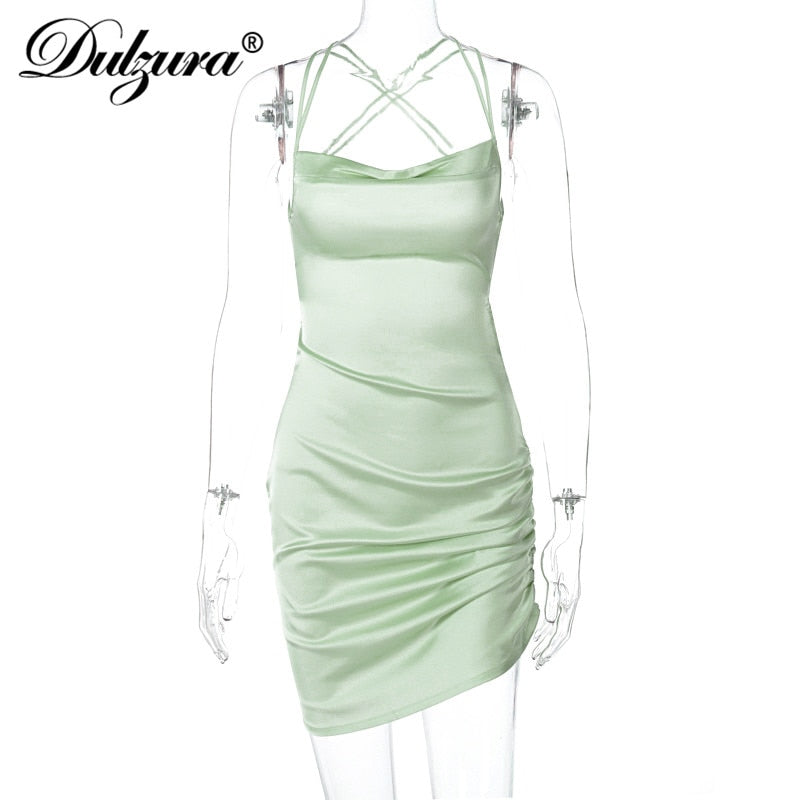 Dulzura Satin Women Strap Mini Dress Ruched Lace Up Cross Bandage