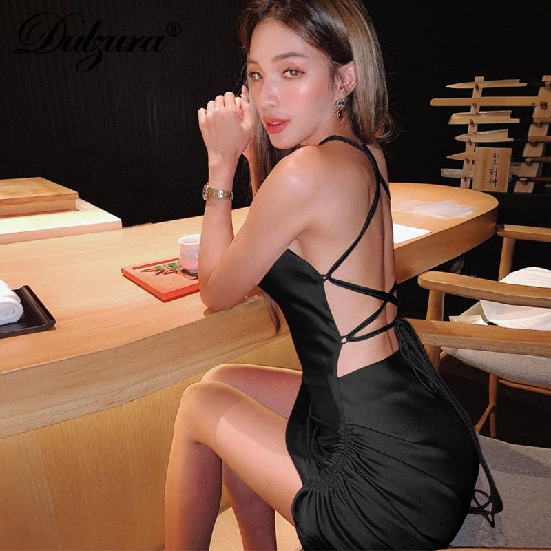 Dulzura Satin Women Strap Mini Dress Ruched Lace Up Cross Bandage