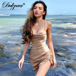 Dulzura Satin Women Strap Mini Dress Ruched Lace Up Cross Bandage