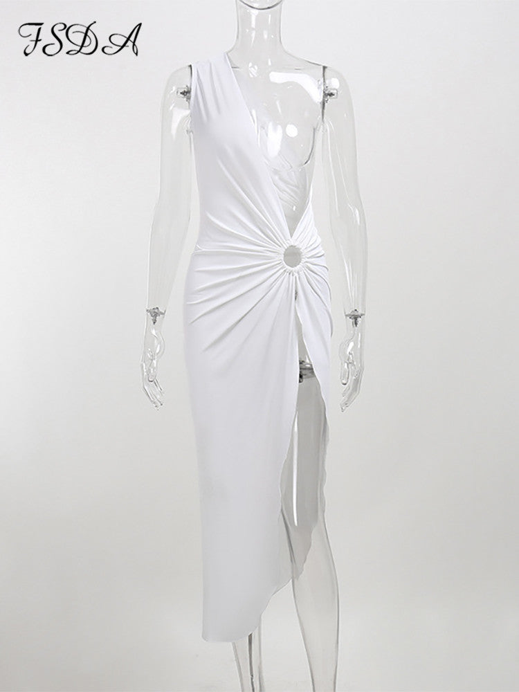 Midi Beach Dress White One Shoulder
