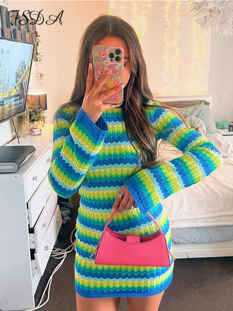 Fsda Stripe Knit Women Beach Dress