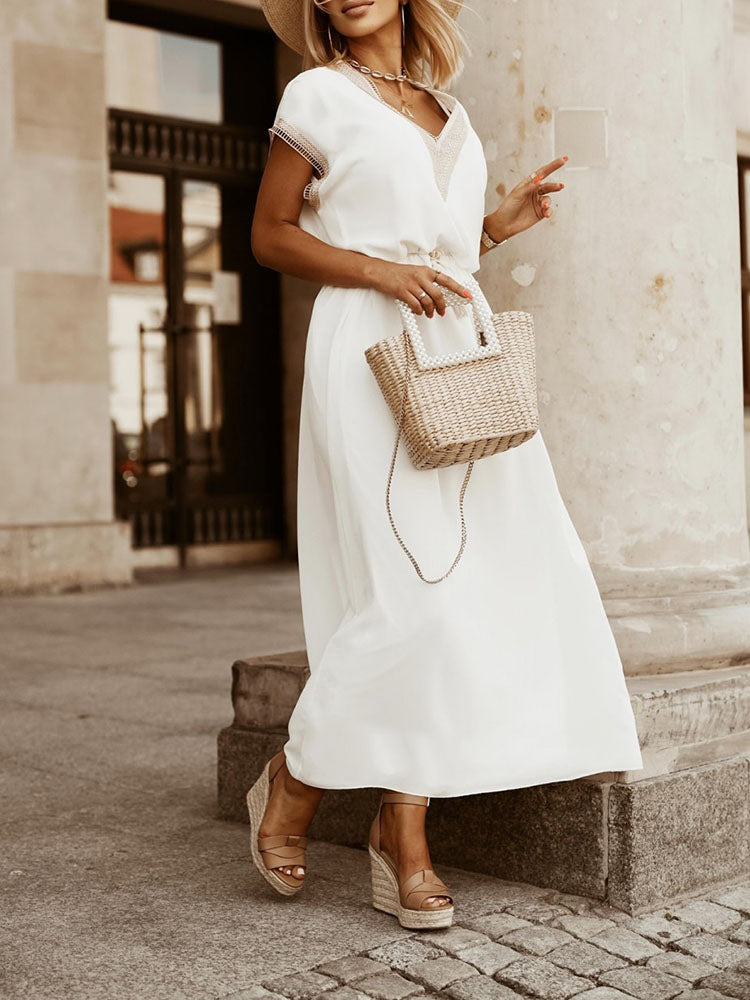 Fashion Lace Up Loose Commuter Dress Women Elegant Summer Bat Sleeve V