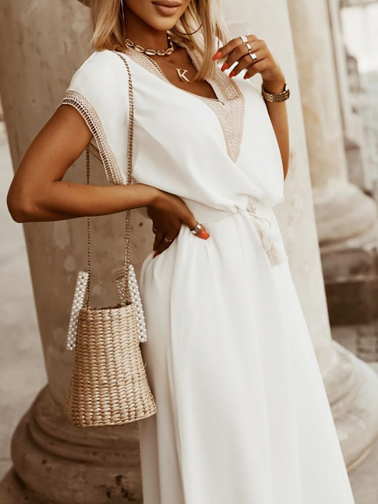 Fashion Lace Up Loose Commuter Dress Women Elegant Summer Bat Sleeve V