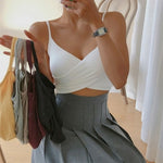 Fashion Sexy Women V Neck Pure Color Patchwork Crop Top