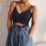 Fashion Sexy Women V Neck Pure Color Patchwork Crop Top