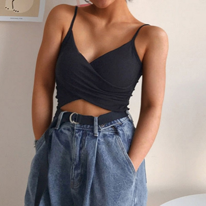 Fashion Sexy Women V Neck Pure Color Patchwork Crop Top