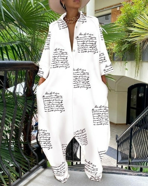 Letter Print Buttoned Pocket Design Casual Jumpsuit