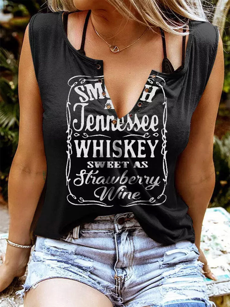 Letter Print Sleeveless T shirt Whiskey Sweet As Strawberry Wine