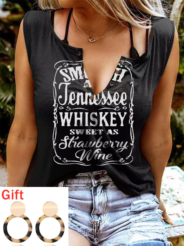 Letter Print Sleeveless T shirt Whiskey Sweet As Strawberry Wine