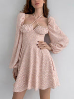 Newasia Floral Dress Women Lantern Long Sleeve Ruched Print A Line
