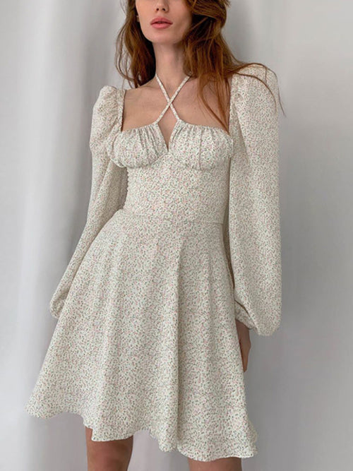 Newasia Floral Dress Women Lantern Long Sleeve Ruched Print A Line