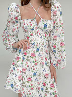 Newasia Floral Dress Women Lantern Long Sleeve Ruched Print A Line