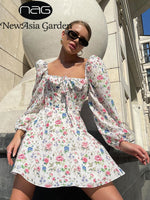 Newasia Floral Dress Women Lantern Long Sleeve Ruched Print A Line