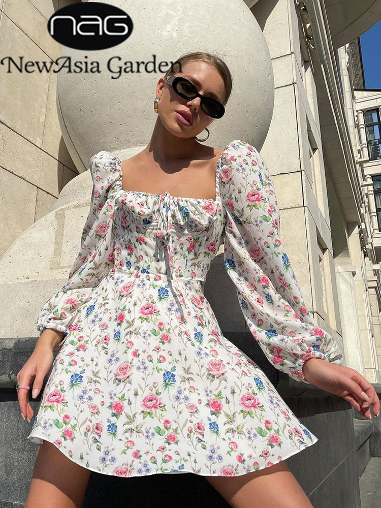 Newasia Floral Dress Women Lantern Long Sleeve Ruched Print A Line