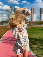 Newasia Floral Dress Women Lantern Long Sleeve Ruched Print A Line