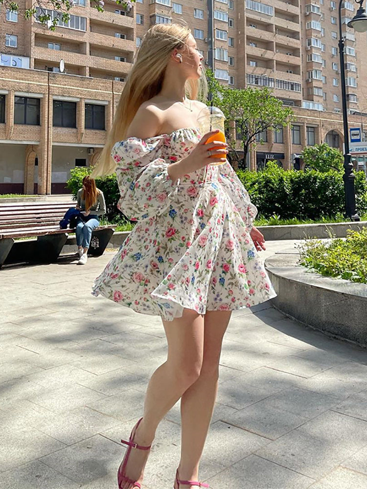 Newasia Floral Dress Women Lantern Long Sleeve Ruched Print A Line