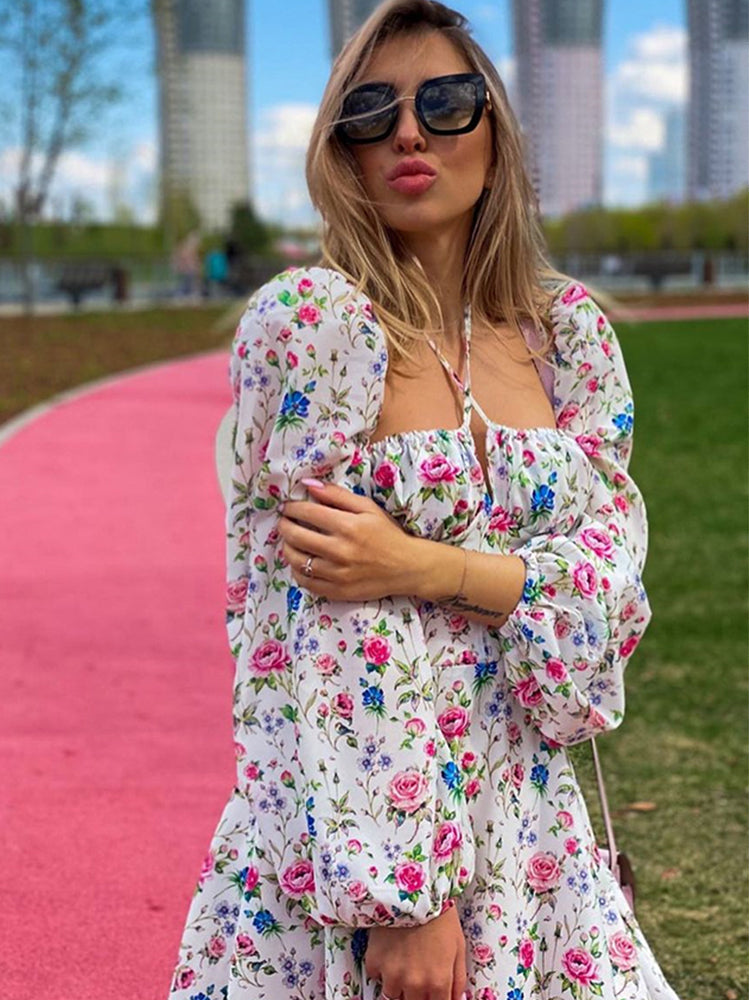 Newasia Floral Dress Women Lantern Long Sleeve Ruched Print A Line