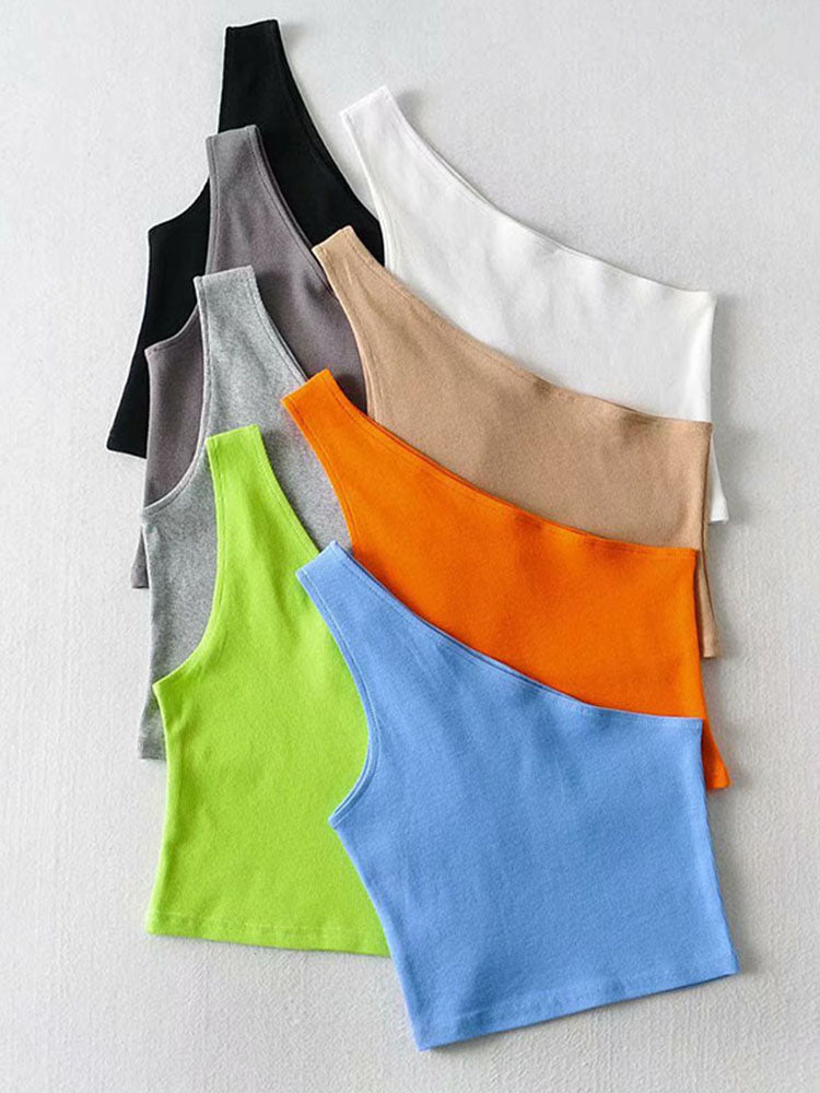 One Shoulder Cropped Tanks Top Women Summer Sleeveless Tanks Camis