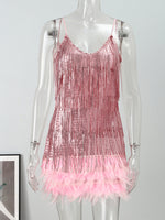 Sequins Tassel Feather Spaghetti Strap Dress