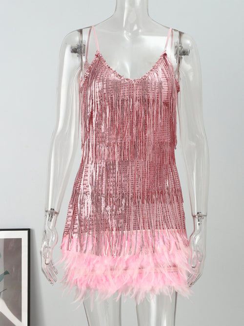Sequins Tassel Feather Spaghetti Strap Dress
