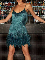 Sequins Tassel Feather Spaghetti Strap Dress