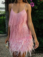 Sequins Tassel Feather Spaghetti Strap Dress