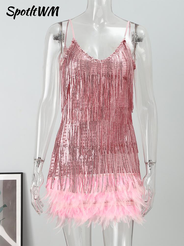 Sequins Tassel Feather Spaghetti Strap Dress