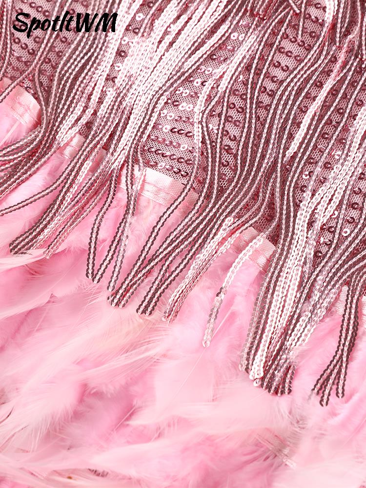Sequins Tassel Feather Spaghetti Strap Dress