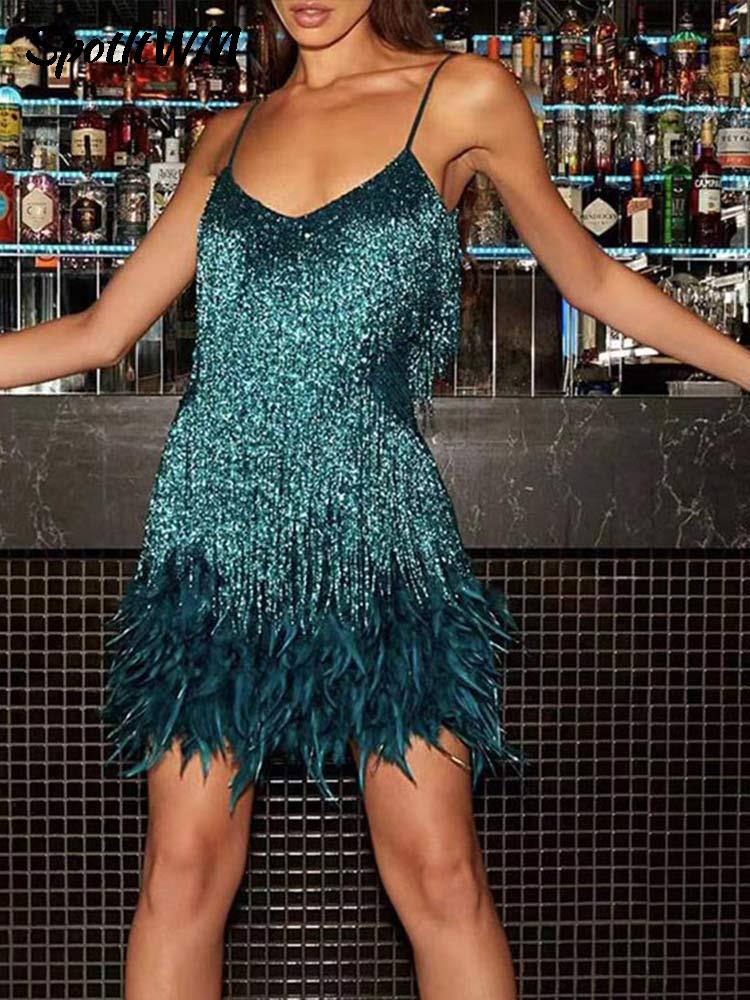 Sequins Tassel Feather Spaghetti Strap Dress