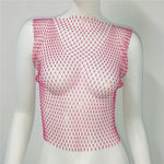 Sexy Women Sleeveless Mesh Diamonds Fashion Crop Tops 2022 Summer