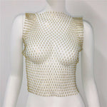 Sexy Women Sleeveless Mesh Diamonds Fashion Crop Tops 2022 Summer